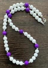 19” Necklace Of Dark Purple Lava Stone and White Agate Onyx Beads