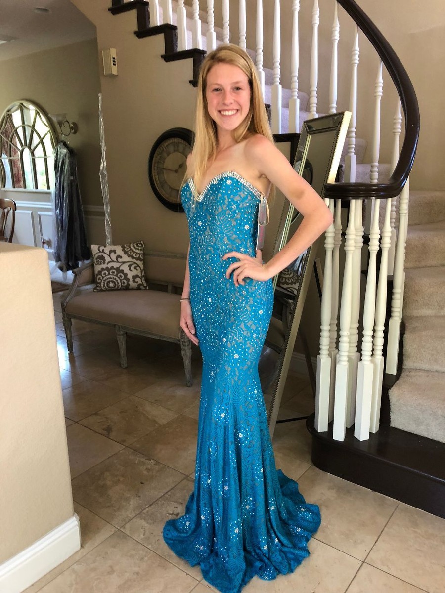 knee length dresses for ladies Sherri Hill Tulle and Lace Prom Dress 56042 Light Blue / 4