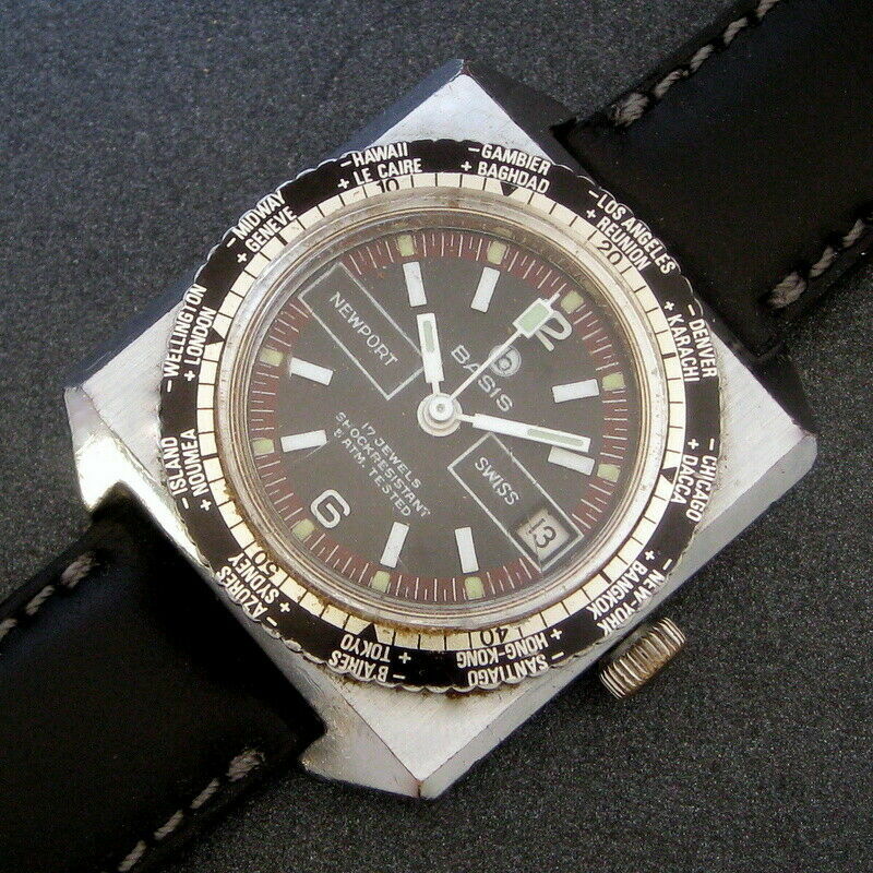 Unique and Rare Basis World Time Bezel Vintage Diver Watch - All Original 1970's