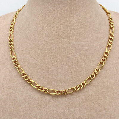 24K GB Gold Bonded 7.5mm Figaro Chain Link Necklace Unisex 20