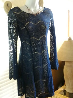 Xhilaration Beautiful Women Navy Blue & Tan Long Sleeve Lace Casual Dress  P/S. | eBay
