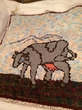 VINTAGE PRIMATIVE Hooked Wall Hanging Tapestry of Cow - 14.5” x 16”