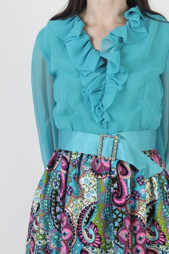 Vintage 60s Psychedelic Print Dress Teal Chiffon Sheer Mod Cocktail Party Mini - Picture 7 of 7