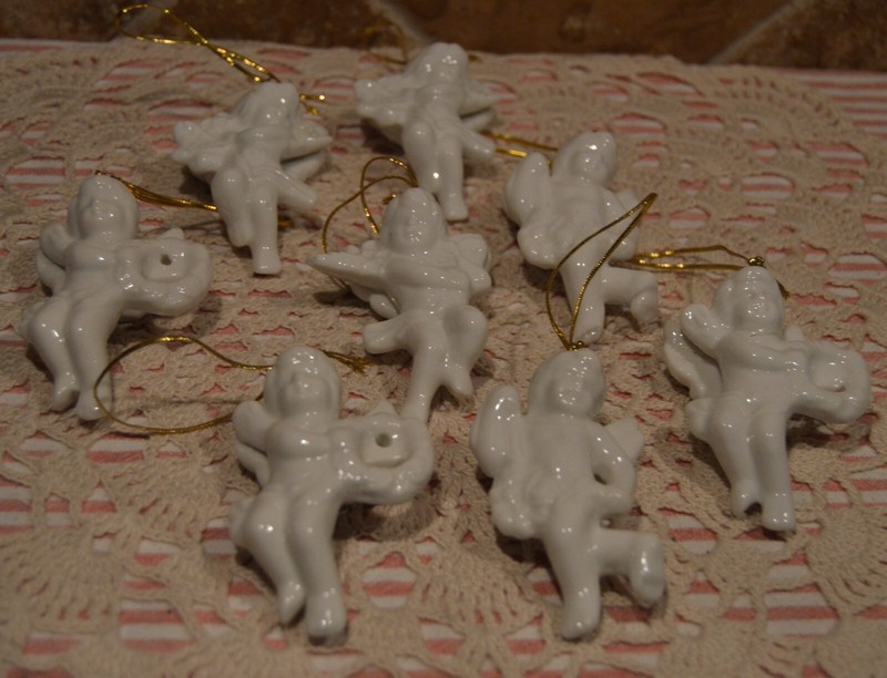 8 CHERUB PORCELAIN CHERUB ANGEL ORNAMENTS~ABOUT 3" TALL~GLAZED PORCELAIN~EUC