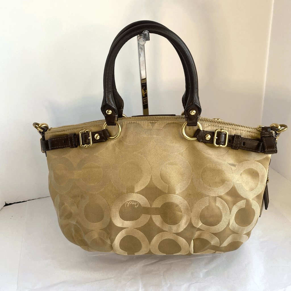 Coach Madison Op Art Sateen Sophia Satchel 2 Way Purse Khaki/Brown