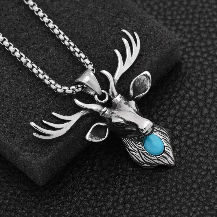 Hombre Unisex Turquesa Cuerno de Ciervo Colgante Collar Animal Joyero Cadena 24" Foto 2 de 4