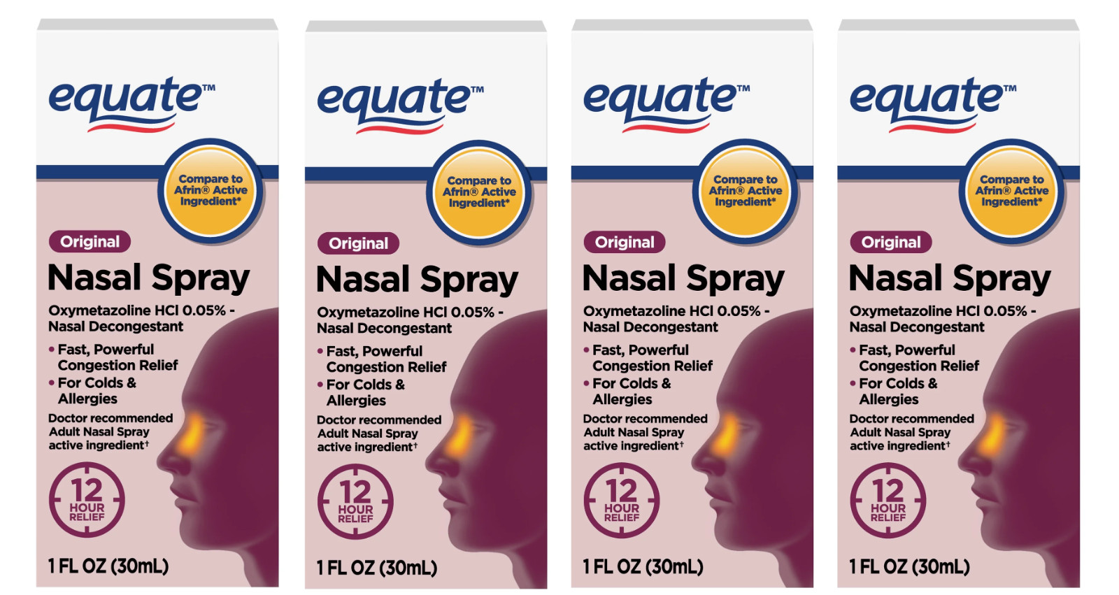 (4 pack) Equate Original 12 Hour Nasal Spray, Max Strength, 1 Fluid Ounce