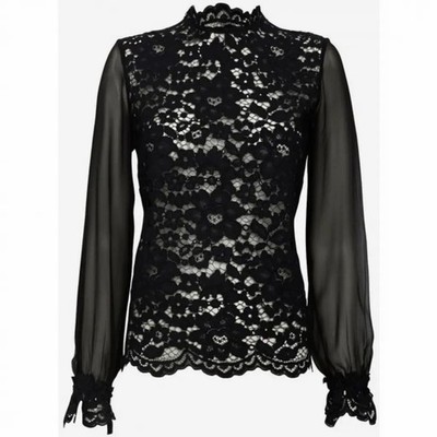 Alexis XS Black Long Sleeve Floral Lace High Neck Top Sheer Back EUC Whimsygoth