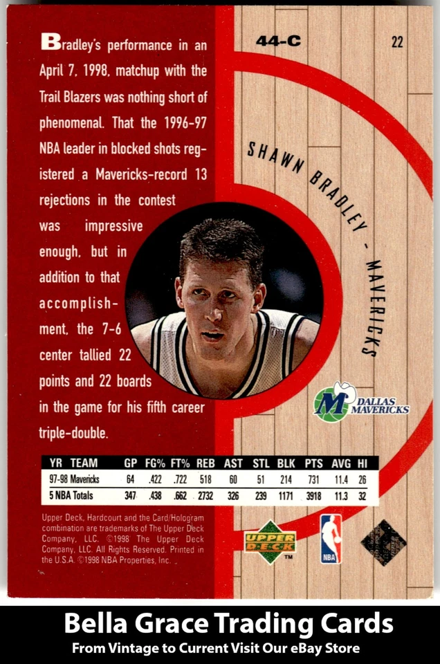 1998 Upper Deck Hardcourt #22 Shawn Bradley Dallas Mavericks NBA Basketball - Image 2 of 2