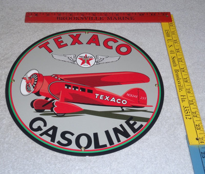 VINTAGE TEXACO AVIATION AIRPLANE  GAS 11 3/4'' PORCELAIN METAL GASOLINE OIL SIGN