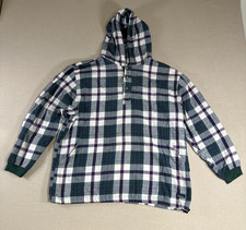 Vintage L.L.Bean Hooded Flannel Pullover Shirt Kids XL Plaid Green Blue USA Made