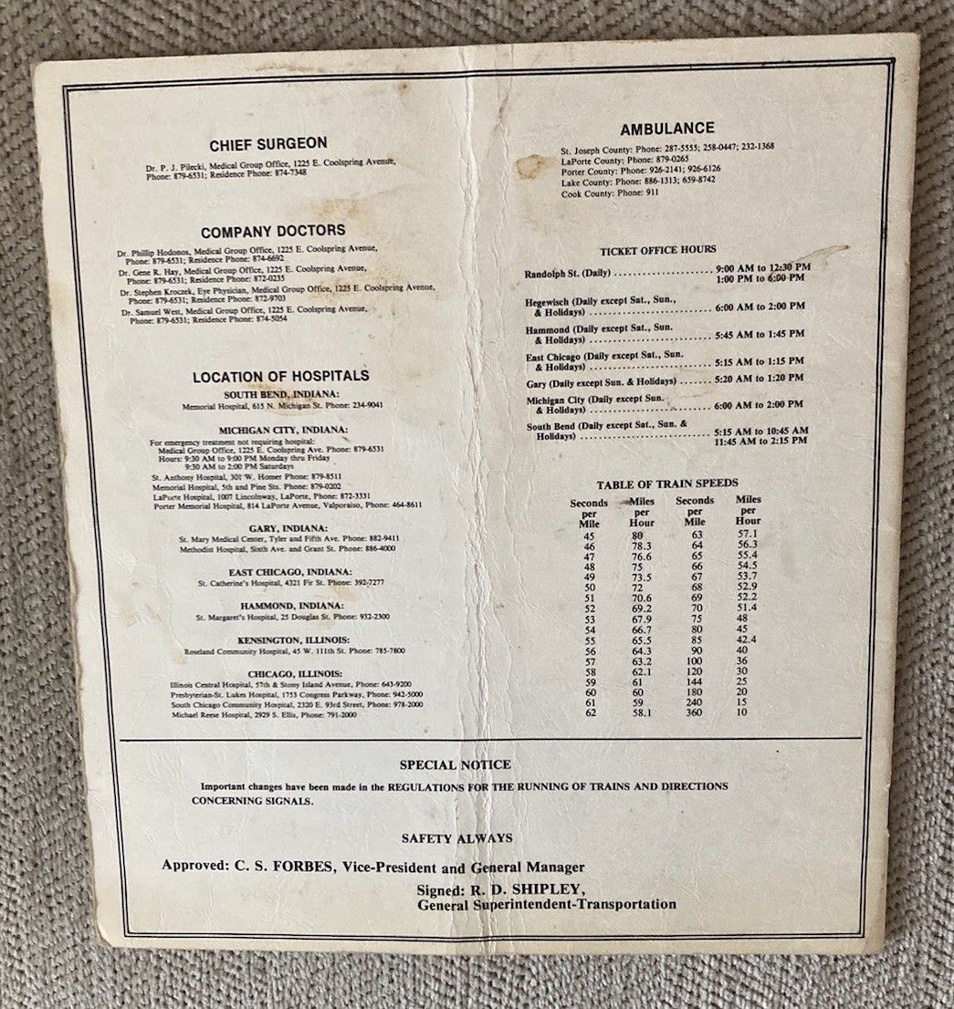 Chicago South Shore and South Bend Railroad  12/1/85 Employee Timetable