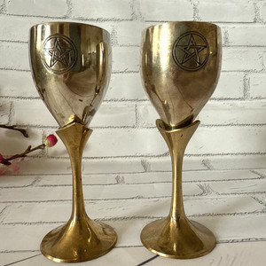 VINTAGE Brass Chalice Adorned w/Pentacle - Goblet, Over 4,75 “ Brass Set (2)