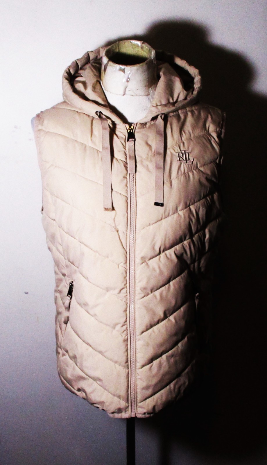LAUREN Ralph Lauren Birch Tan Full Zip Puffer Hooded Vest Women's Size L