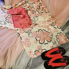 Rare Hello Kitty Pink Sakura Kimono Yukata Geta Women Robe Japan Vintage Retro