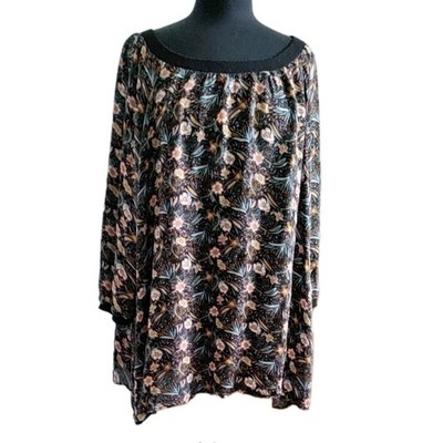 DR2 Tunic Blouse Scoop Neck 3/4 Sleeve Floral Top Black 5XL Hi Low hem Flowy 