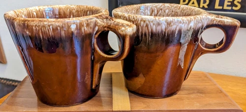 Hull Oven Proof Brown Drip Glaze Pottery Mug O Handle Set of 2 Mugs Made in USA
