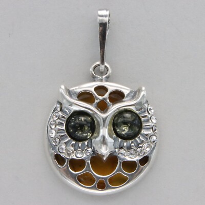 Multi-Color Round Owl BALTIC AMBER Pendant - 925 STERLING SILVER Poland #3508e