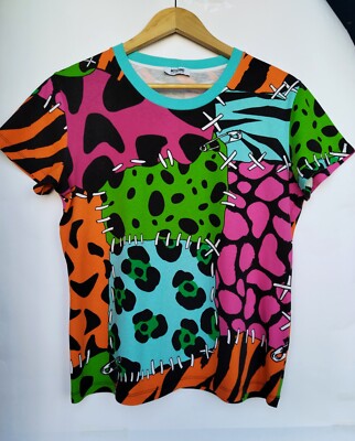 MOSCHINO CHEAP AND CHIC stone age crazy animal patch print stitches pins t shirt