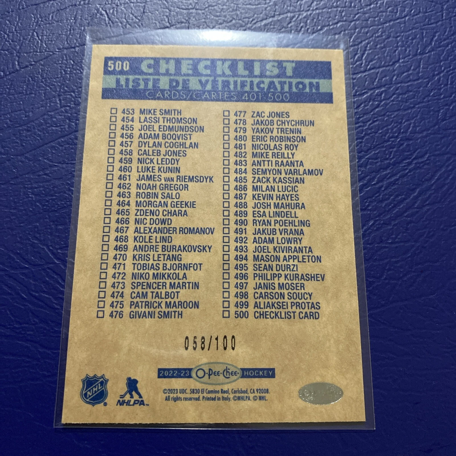 2022-23 O-Pee-Chee Retro Black Border 58/100 Checklist Cards 401-500