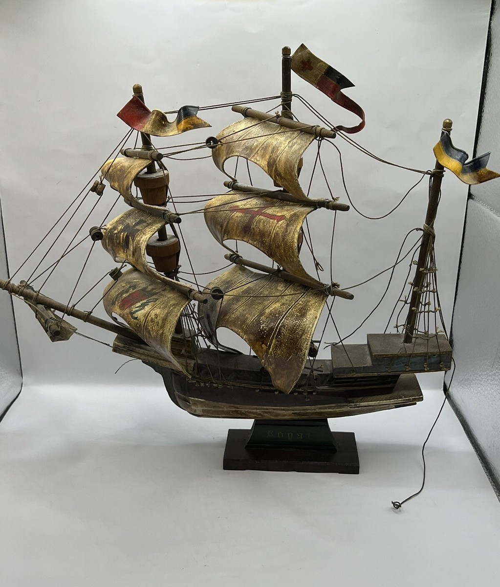 Wooden Model Barque? Clipper? Ship “Royal” Missing A Sail Japan 15”x 12” AS  IS