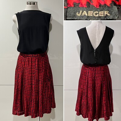 JAEGER Red/Black Check 100% Silk Soft Pleated, Lined Skirt