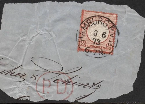 GERMANY -  SG. 21  : 1872/1873  " 2 1/2g. on piece with fine HAMBURG single ring