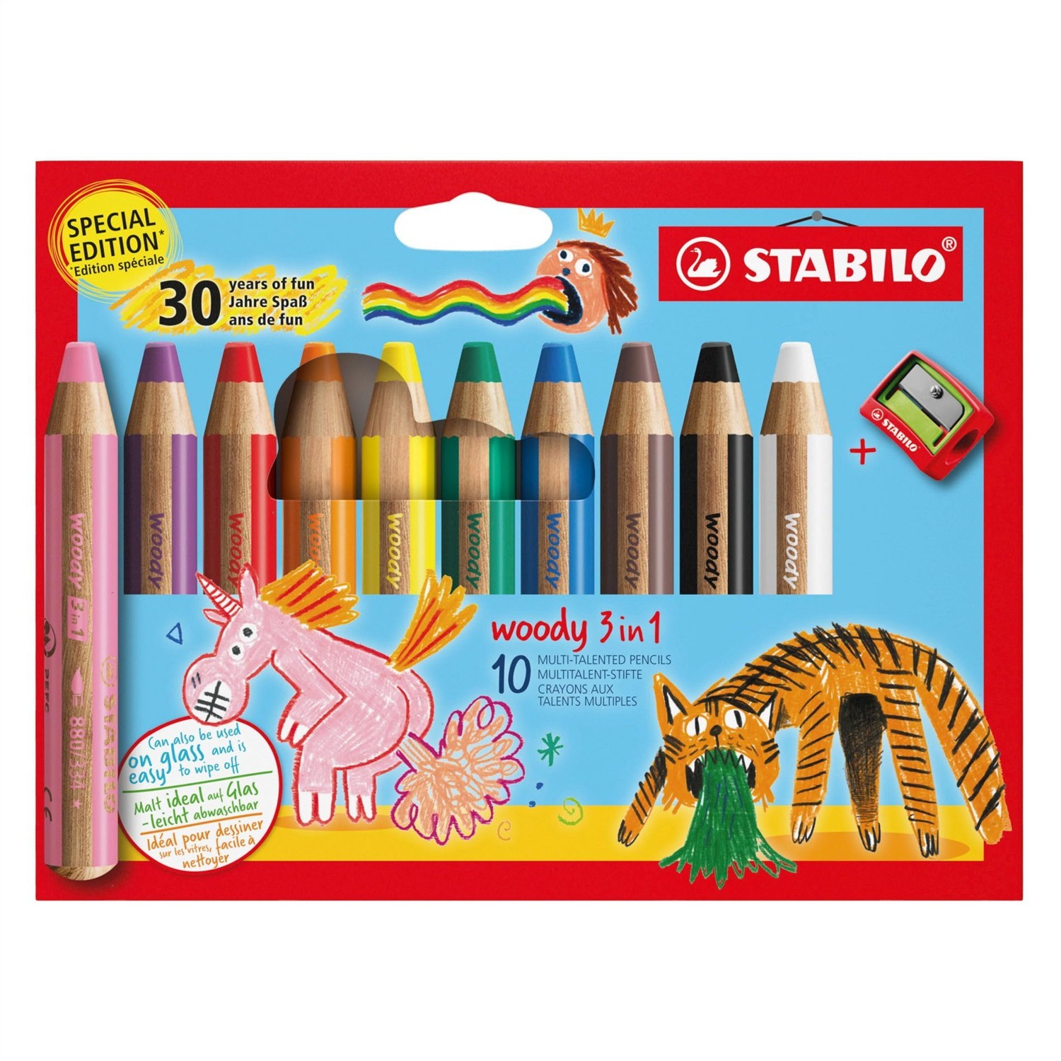 STABILO Woody 3 en 1 Etui 10 Crayons Couleur Mine Large EO880/10-3 Multi-usages
