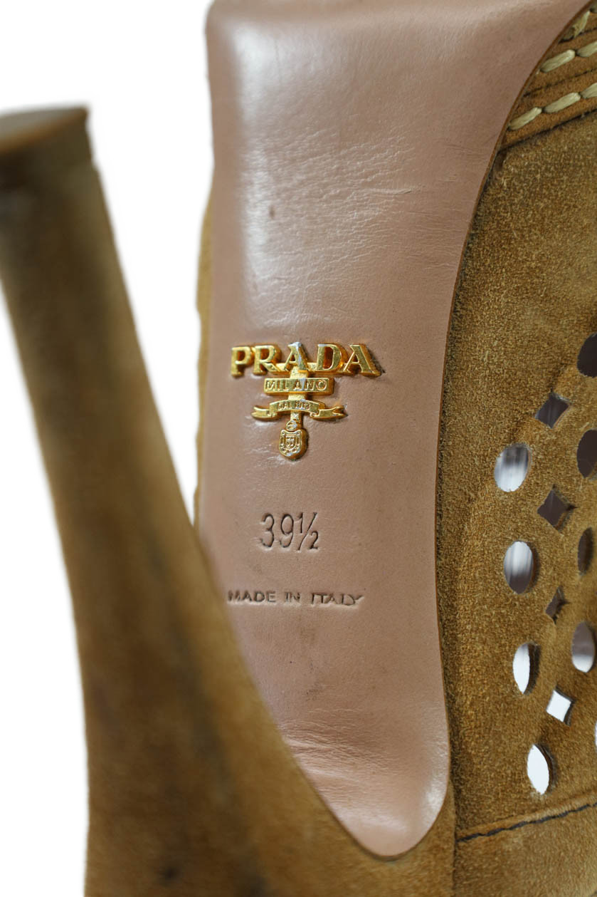 Prada Womens Stiletto Platform Laser Cut Ankle Strap Sandals Brown Suede 39.5 thumbnail 5