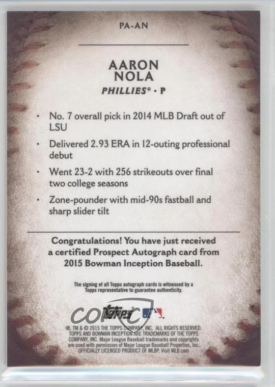 2015 Bowman Inception Prospect Auto Gold /50 Aaron Nola #PA-AN Auto - Image 2 of 2