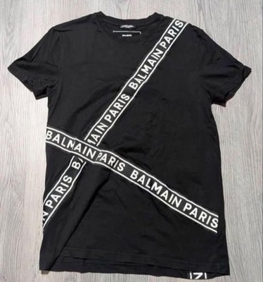 Balmain Paris Logo Tape T-Shirt Black Women Rare Luxury Designer Model Limited E