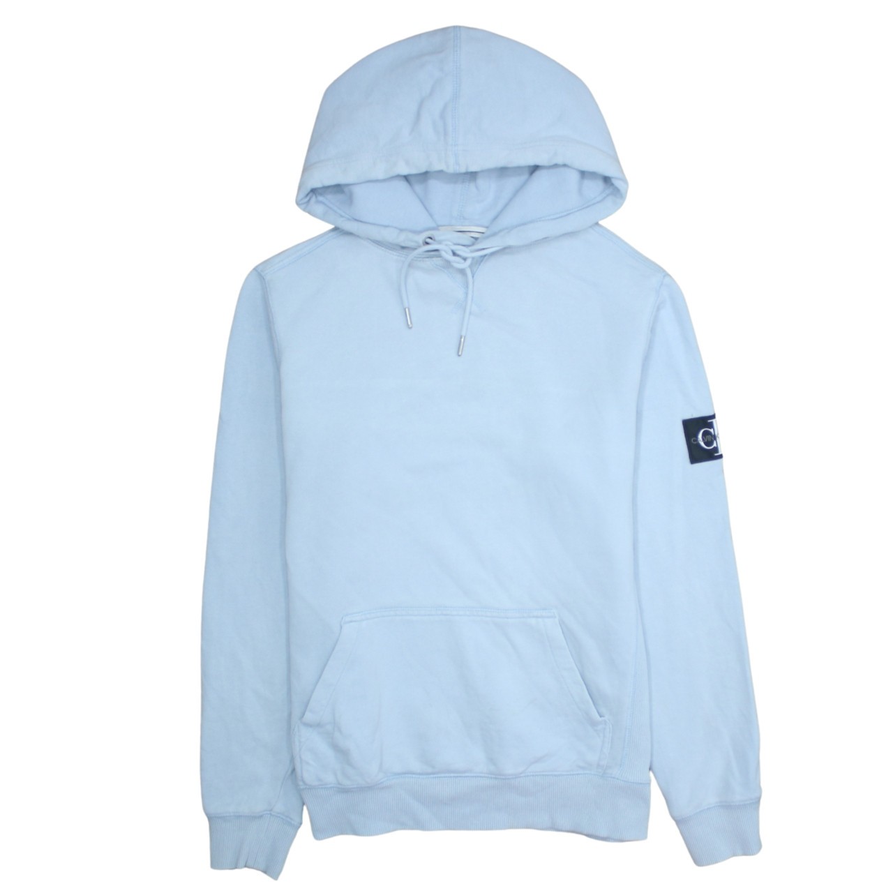 Calvin Klein Mens Hoodie Light Blue Fleece Patch Logo Kangaroo Pocket Pullover S