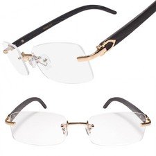 Designer Faux Wood Temple Gold  Gray Rimless Rectangle Clear Lens Glasses