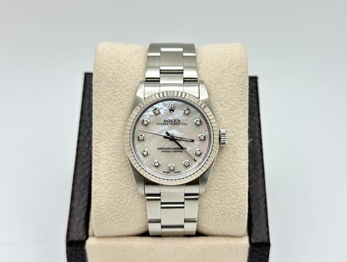 Rolex Oyster Perpetual 67514 Midsize 31mm MOP Diamond Dial 18K Gold Bezel Steel