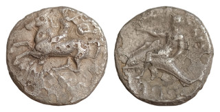 CALABRIA. Tarentum. Ca. 340 334 BC. AR stater 21mm 6 2g. Taras astride dolphin