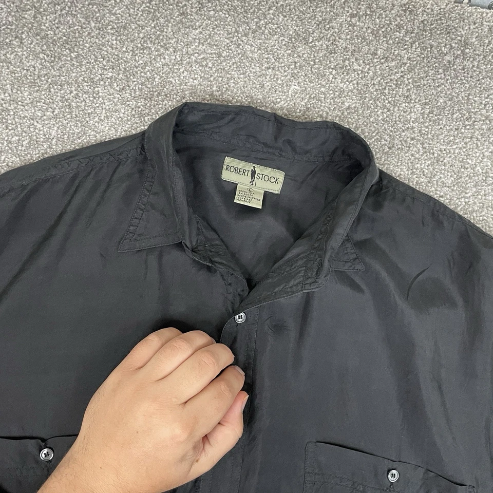Camisa de Colección Robert Stock Para Hombres L 100% Seda Fina Ligera Vestido Negro Sólido Foto 3 de 4