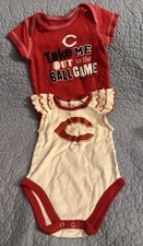 MLB Cincinnati Reds Baby Girl Lot 2 White Red Bodysuits 0-3 Mo 12M Baseball Ball