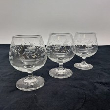 Brandy Balloon Glass x3 Cognac Snifter Etched Grapevine 9.2cm Tall Vintage