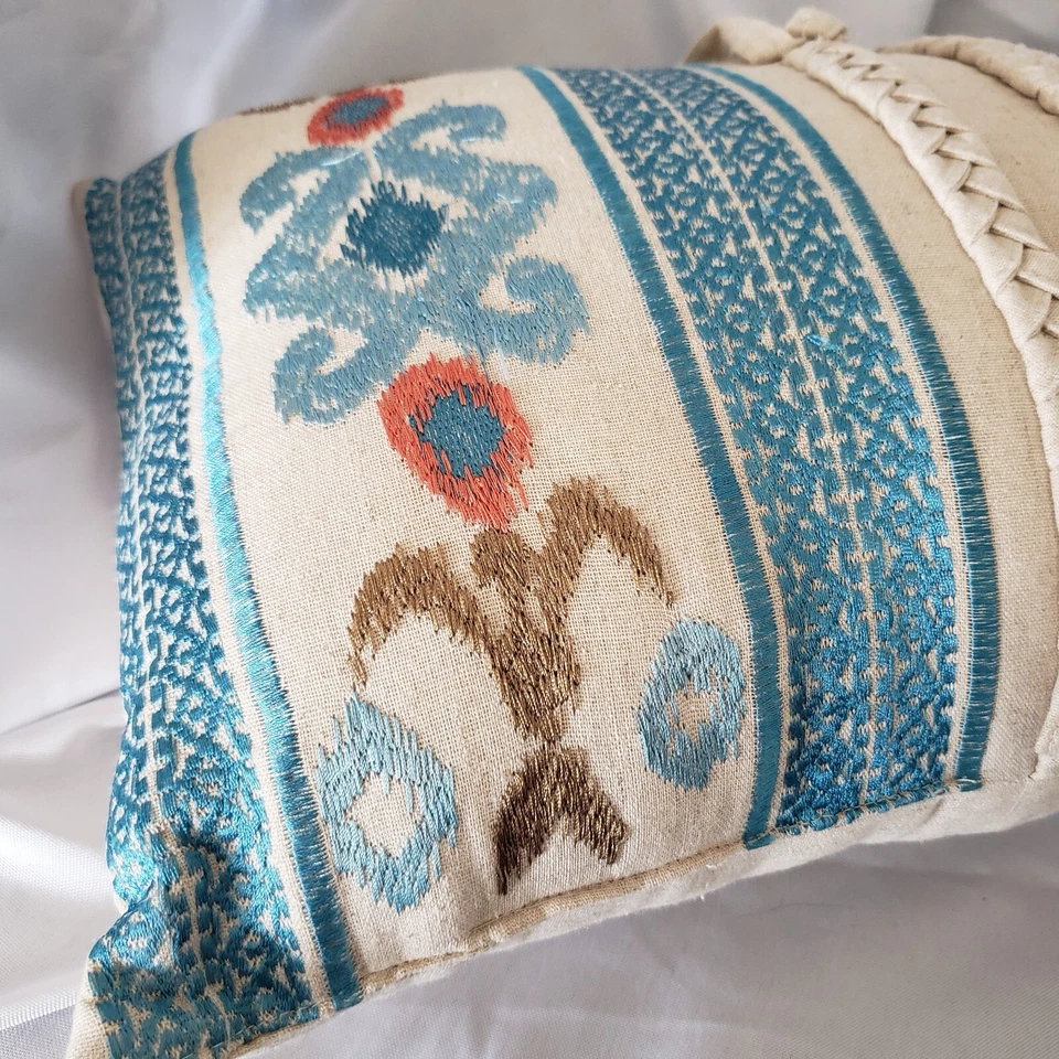 Jessica Simpson Boho Throw Pillow Linen Rayon Sand Teal Decorative Embroidered - Image 4 of 4