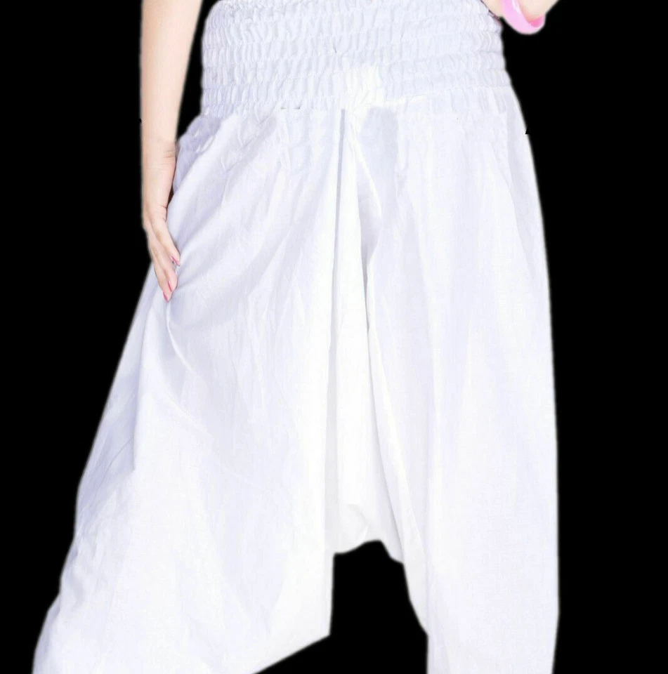 Alibaba Blanco Gitano Pantalones Yoga Harén Pantalón Suelto Indio Algodón Sólido Pantalones Foto 3 de 4
