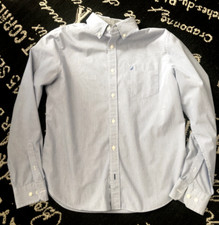 NAUTICA Sz M Slim Fit Classic Blue White Pin Striped BUTTON DOWN DRESS SHIRT