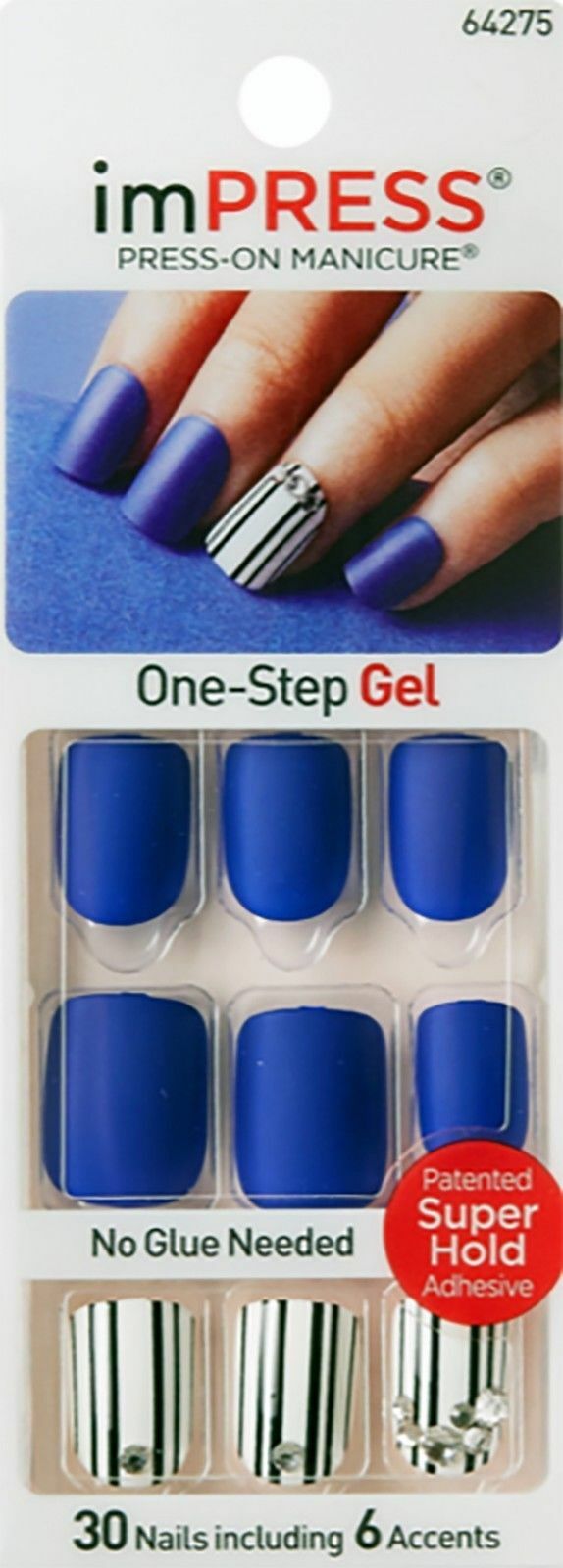 KISS IMPRESS PRESS ON NAILS ONE STEP MANICURE SHOCKING MATTE BLUE STONE ACCENTS