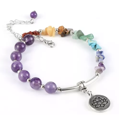 WOMEN'S NATURAL AMETHYST & ASSORTED STONE CHIP BEADED 7 CHAKRA CHARM BRACELET