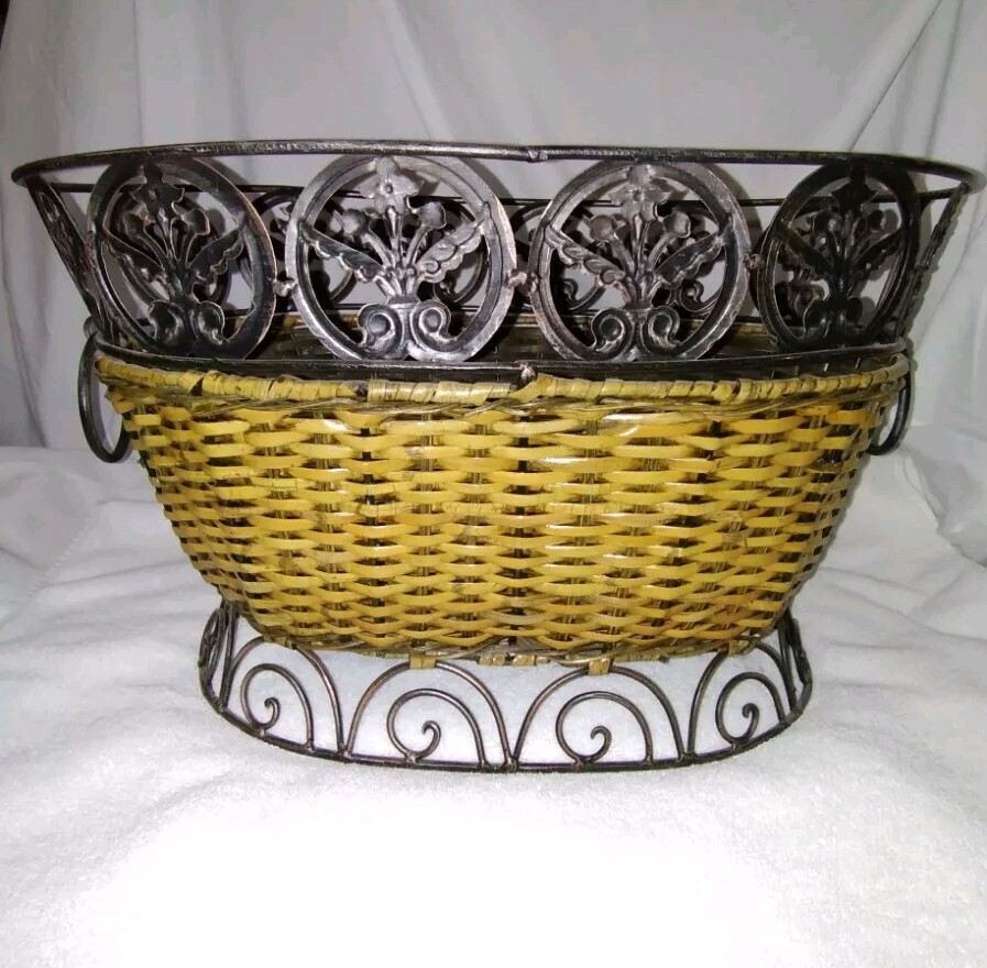Wicker Basket / Metal Ornate Pattern Around Top And Bottom- 18"X 11" X 14"