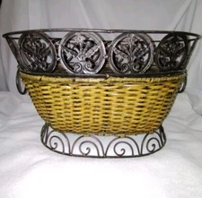 Wicker Basket / Metal Ornate Pattern Around Top And Bottom- 18"X 11" X 14"