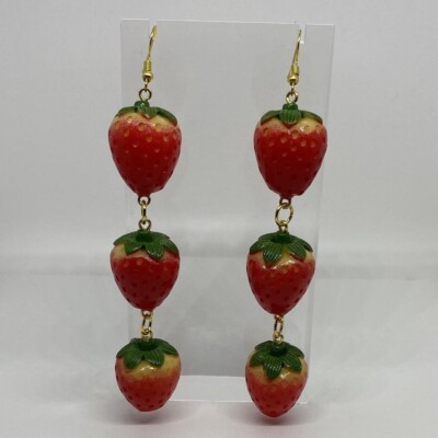 3D strawberry Kitch fruit charm earrings, large cm long UK