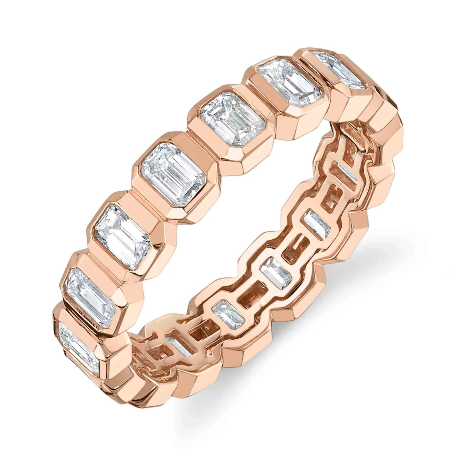 14K Rose Gold Emerald Cut Diamond Eternity Ring Bezel Set 2.40 CT Natural