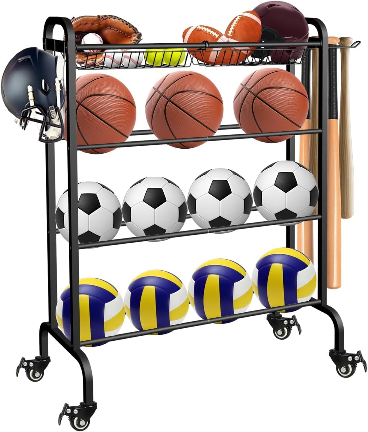 Ball Rack Organizer with Wheels, 4Tier-Rolling Basketball Racks Holder for Balls