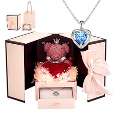 Preserved Real Rose Moss Bear Gifts For Women with Necklace For Her Mom Birthay
