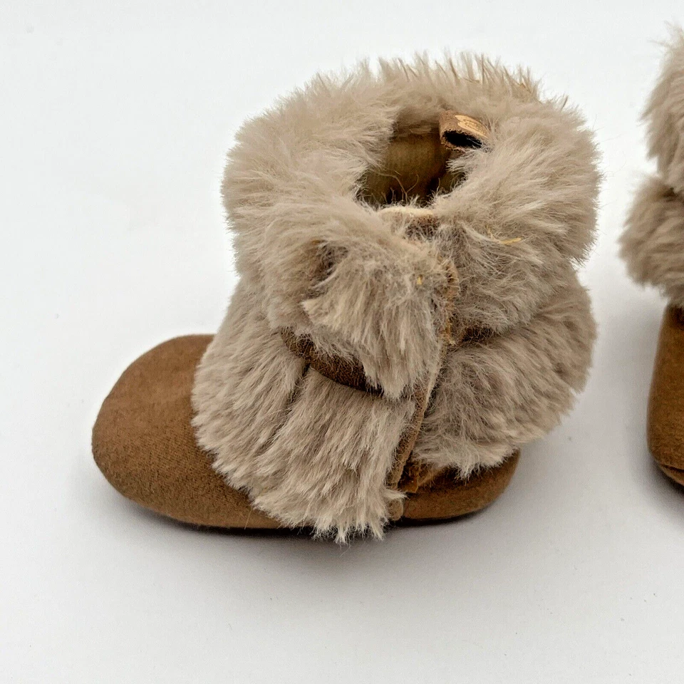 Stepping Stones Size 0-3 mo Brown Furry Baby Boots Moccasins Faux Suede Pom Poms - Image 4 of 4